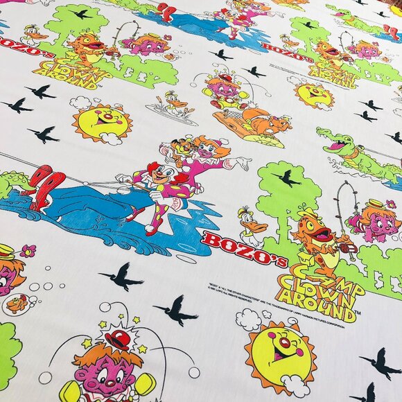90s Bozo's Camp Clown Around TWIN Bed FLAT Top Sheet Vintage Character Bedding - Picture 1 of 10